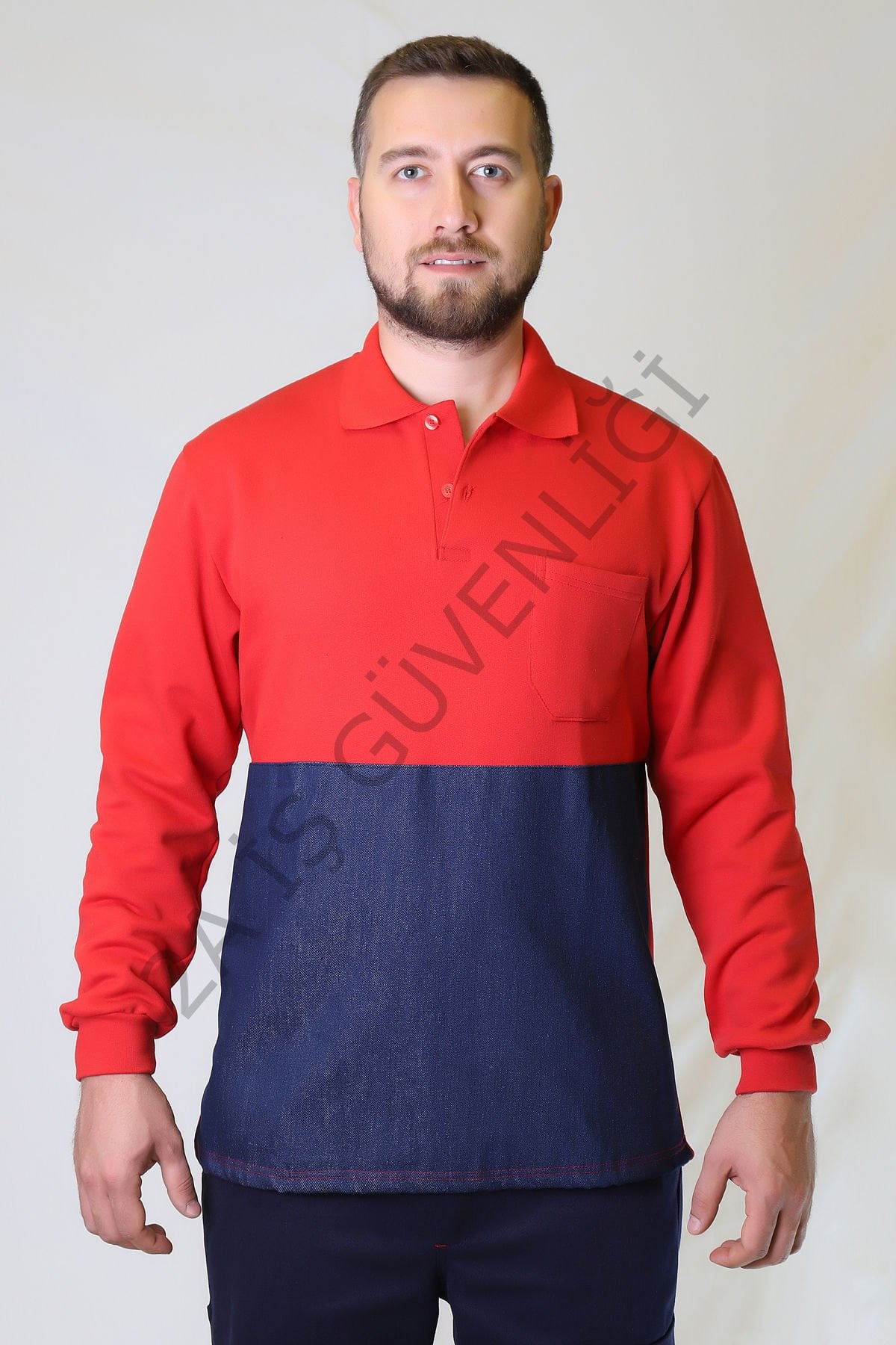 Twoa Workwear Polo Yaka Sweatshirt TW-2350 L - KIRMIZI ÖNÜ KOTLU
