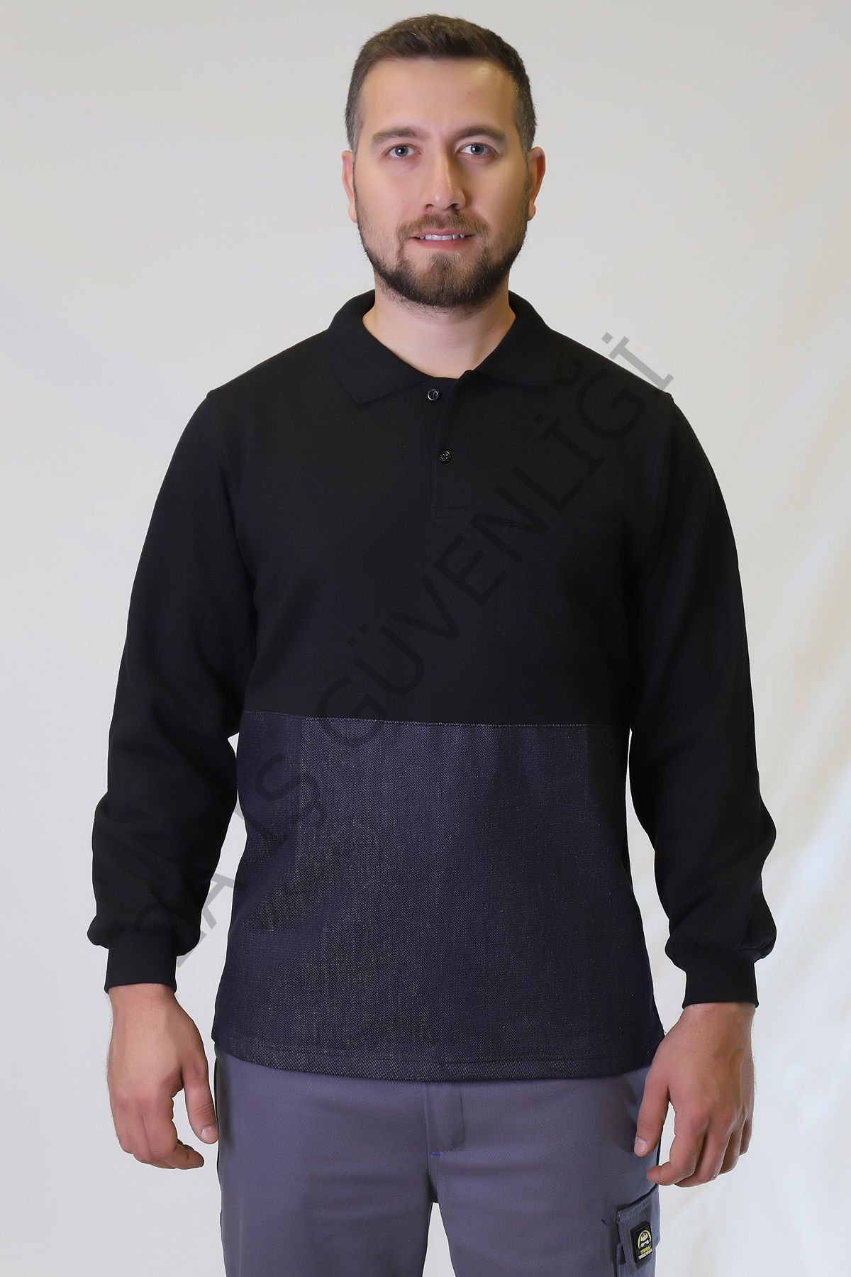 Twoa Workwear Polo Yaka Sweatshirt TW-2350 LACİVERT RENK ÖNÜ KOT DESTEKLİ - 3XL