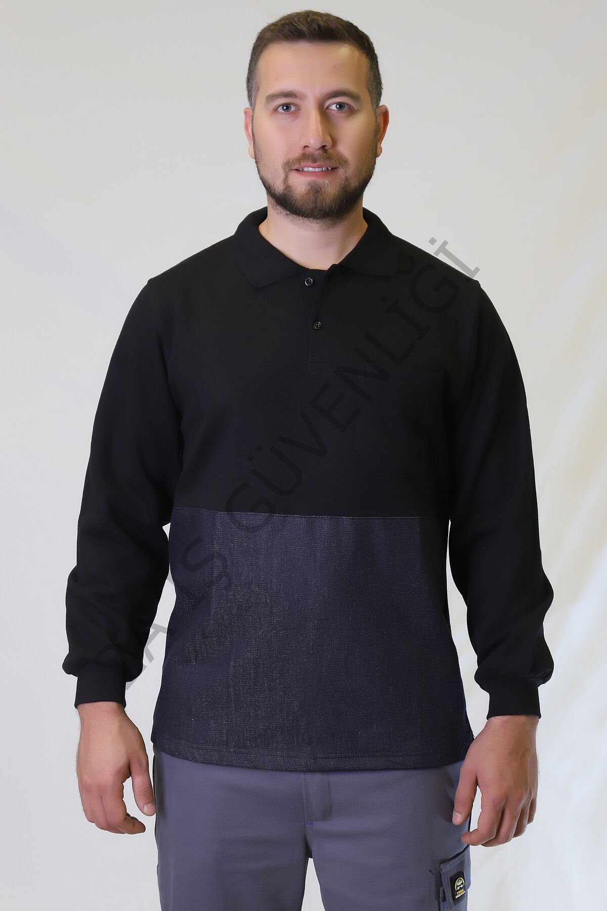 Twoa Workwear Polo Yaka Sweatshirt TW-2350 LACİVERT RENK ÖNÜ KOT DESTEKLİ - L