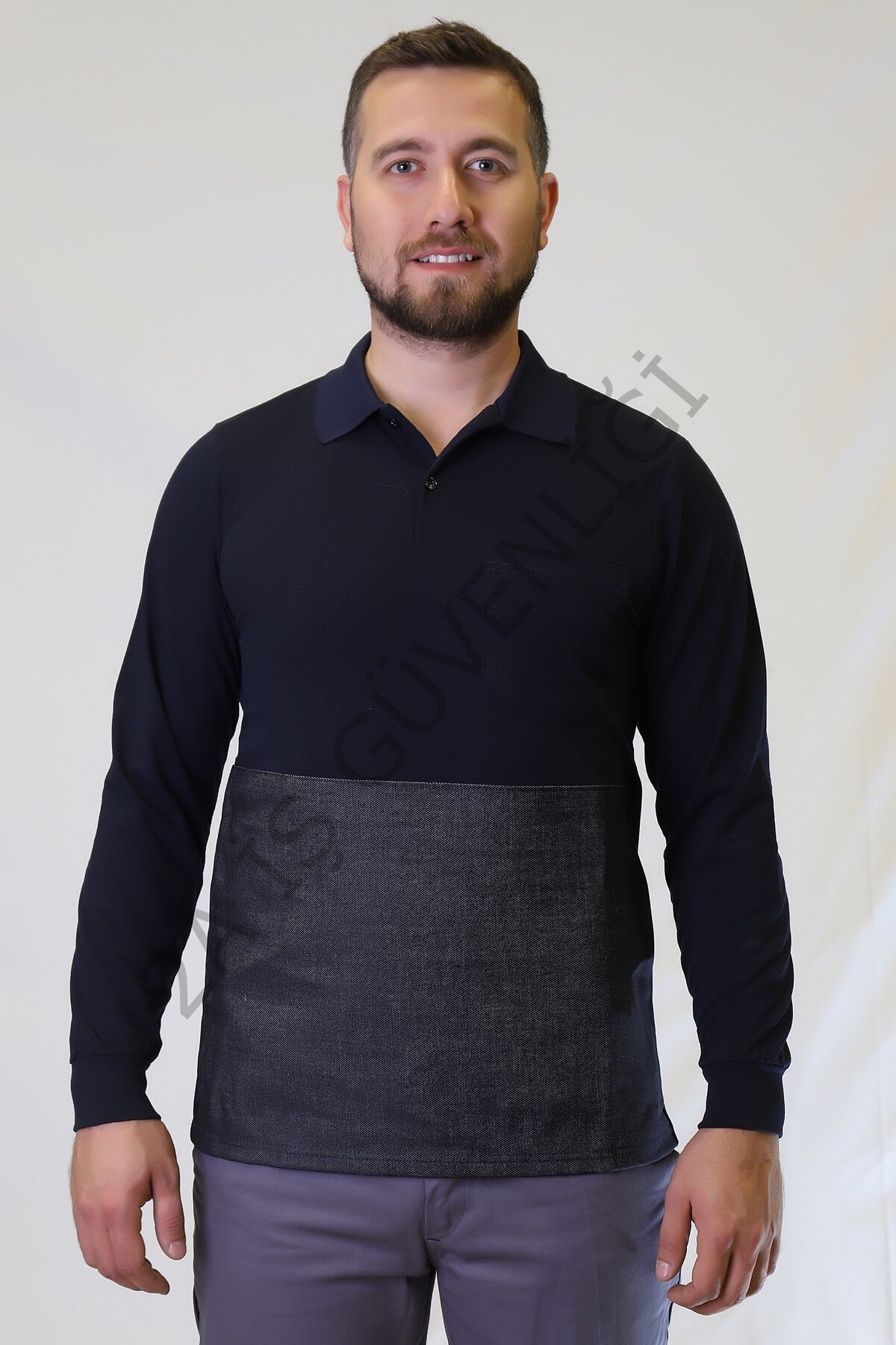 Twoa Workwear Uzun Kollu Polo Yaka Lakost Sweatshirt TW-1450 LACİVERT RENK ÖNÜ KOT DESTEKLİ - 5XL