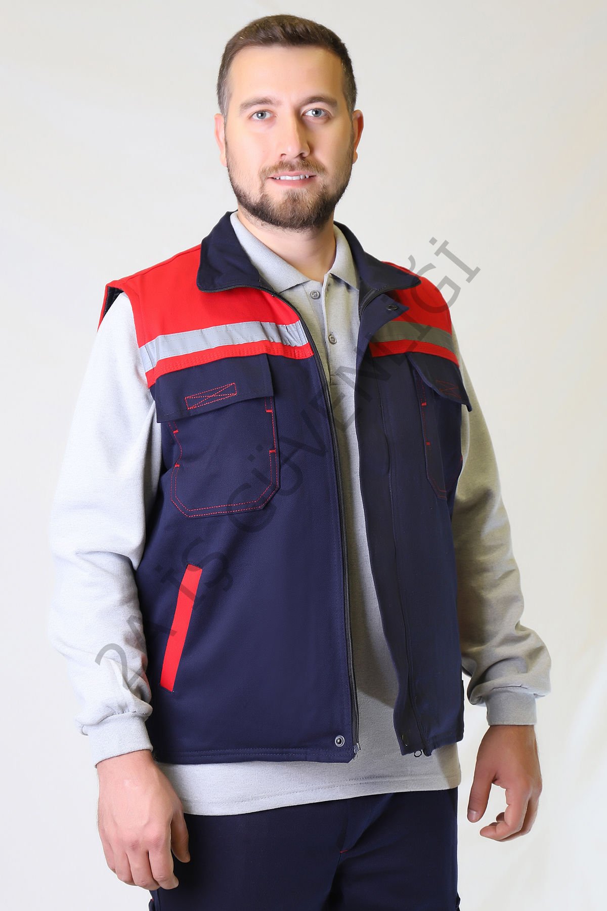 Twoa Workwear 7x7 Gabardin Kumaş Yelek TW-2400 LACİVERTE KIRMIZI - XS